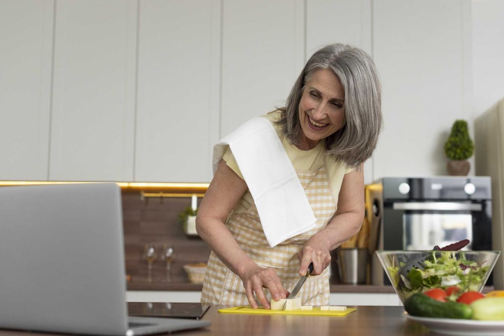 Woman in her 50s preparing a healthy, protein-rich meal