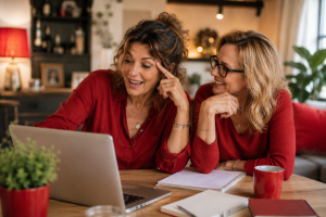 Two midlife women in red outfits looking at a laptop together, representing focus, memory changes, and ADHD menopause.