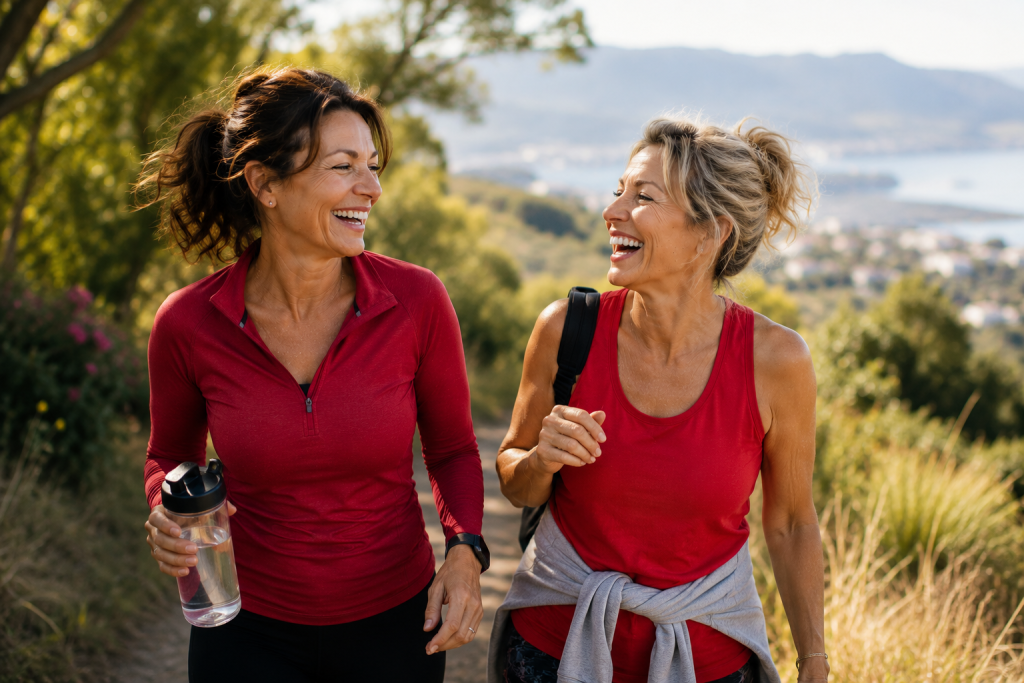 Two midlife women hiking together in red activewear, supporting each other through movement to help reduce anxiety and improve emotional well-being.